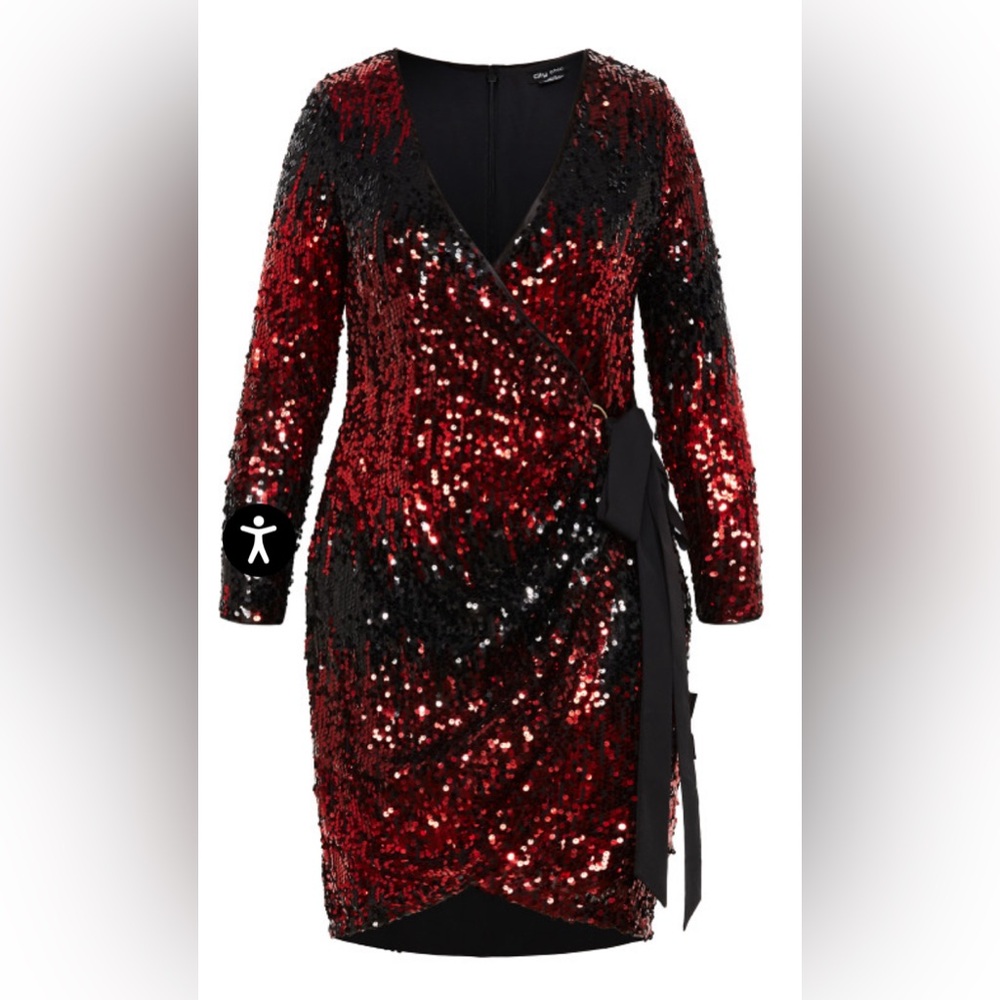 Red and black sequin wrap long sleeve party wrap dress plus size